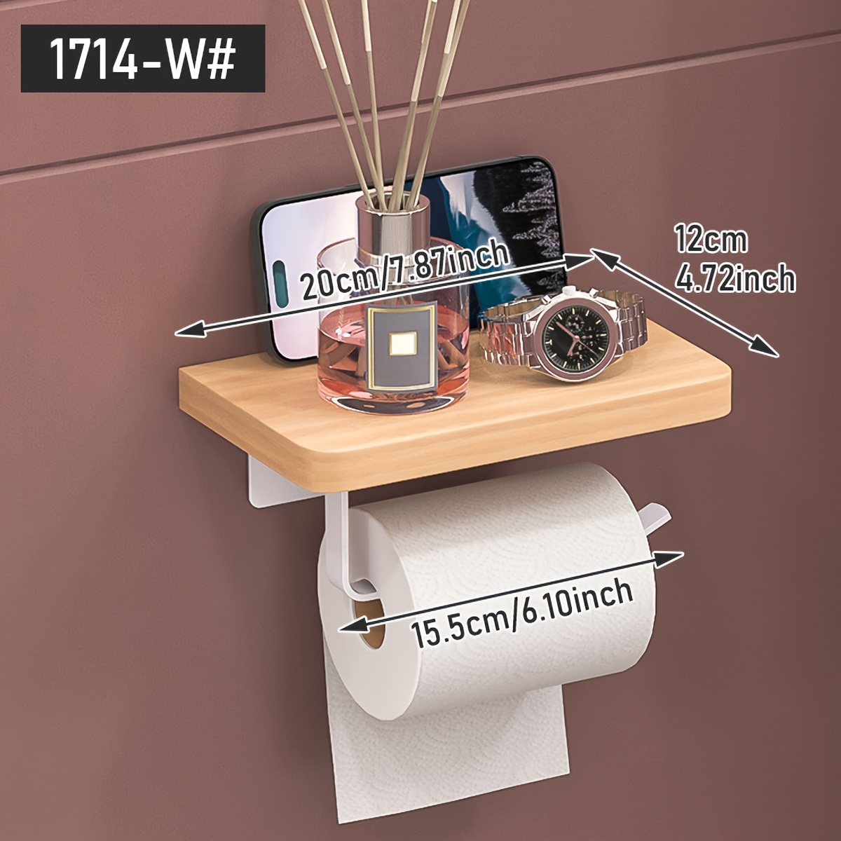 TEMU 1 pz Porta Carta Igienica da Parete Senza Foratura con Mensola in Legno, Dispenser Adesivo per Carta Igienica da Bagno, Antiruggine e