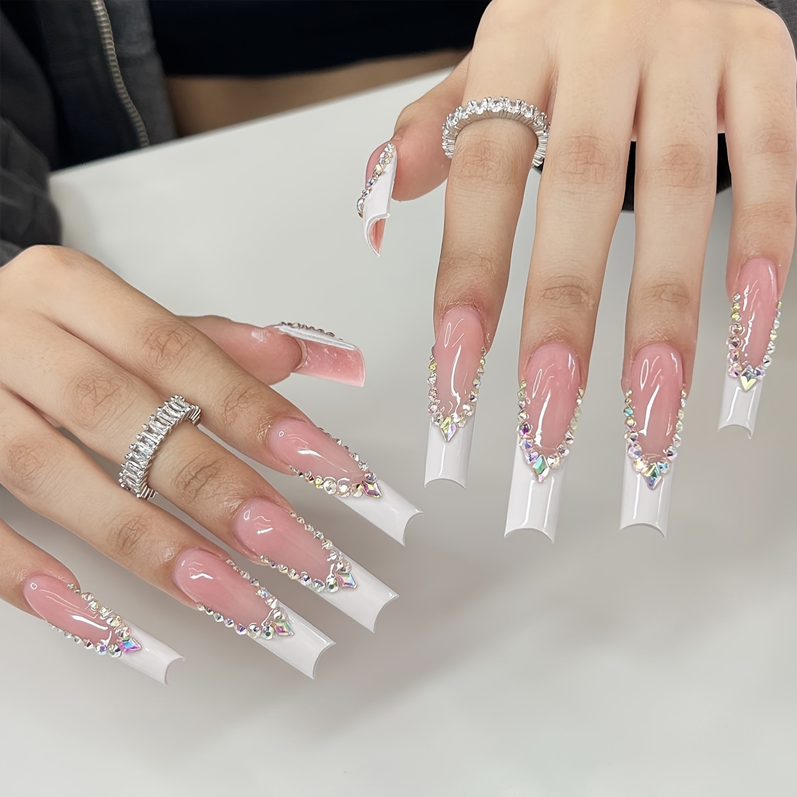 

Long Press On Nails White Fake Nails With Acrylic Rhinestone Designs French Nails Coffin Glue On Nails Square Stick On Nails Cute Artificial Nails With Jelly Glue For Women And Girls 24pcs