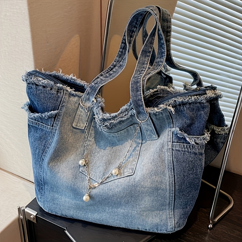 TEMU Casual Women's Tote Bag With Stylish Metal Accents, Large Capacity Women's Shoulder Bag, Zipper Closure Fixed Shoulder Strap, Blue, Unlined,
