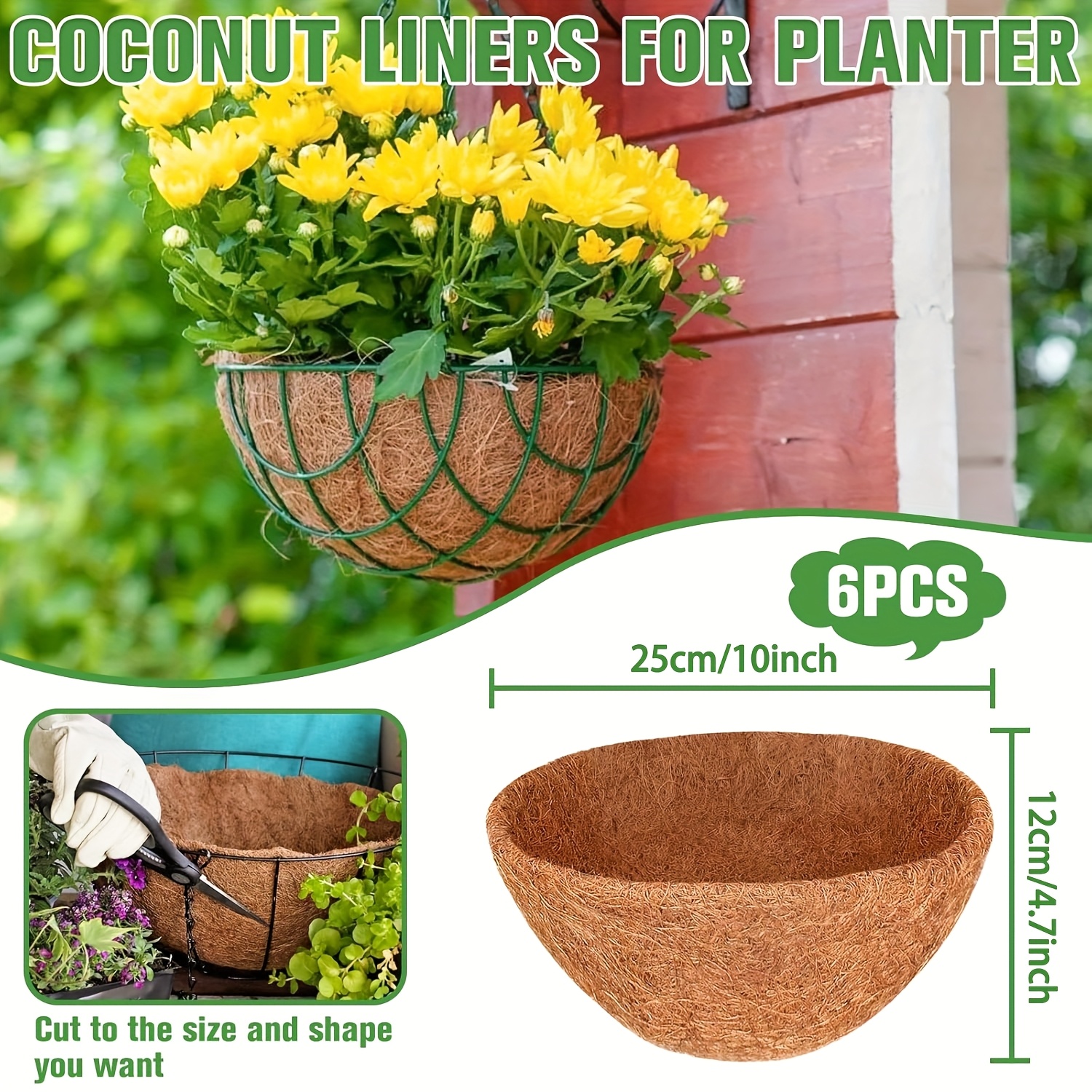 6pcs 10 12 inch   round coco coir hanging basket liners coconut liners for planters coconut basket liners for flowers vegetables indoor outdoor plants