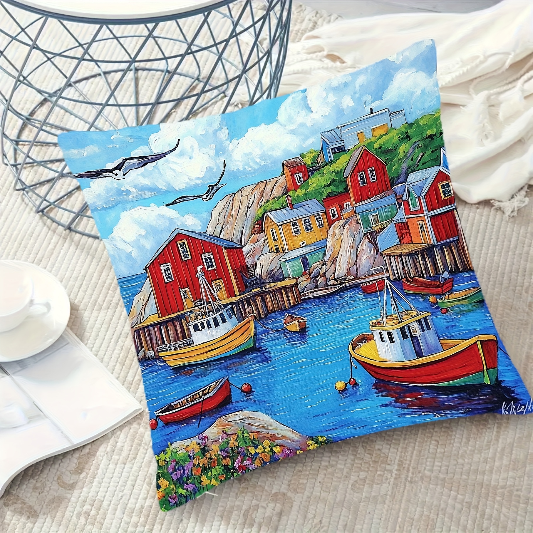 TEMU 1 pièce, Housse de Coussin en Polyester à Poil Court 18x18 Pouces - Peinture Acrylique Village Art Côtier, Design Moderne avec Fermeture Éclair,
