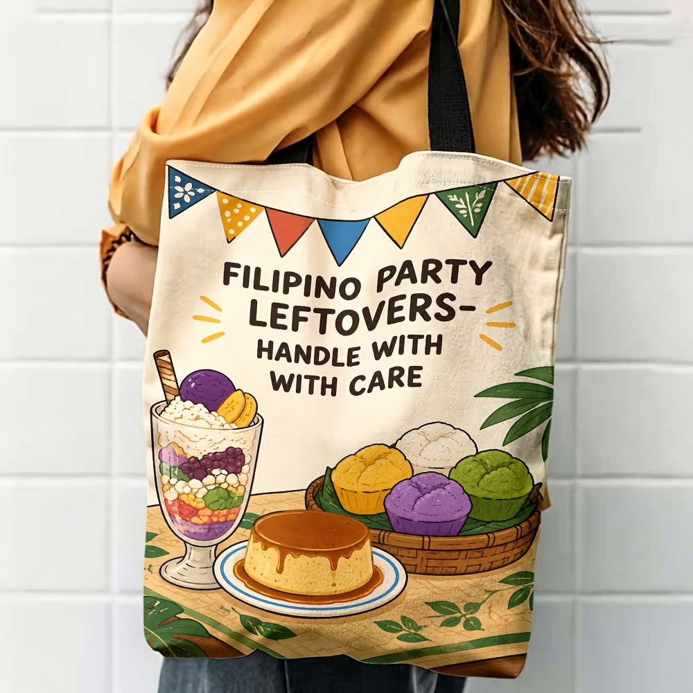 TEMU 1pc 2d Printed Filipino Food Illustration Pattern Shoulder Bag, Fresh And Stylish Daily Tote Bag, Multifunctional Fashionable Lightweight