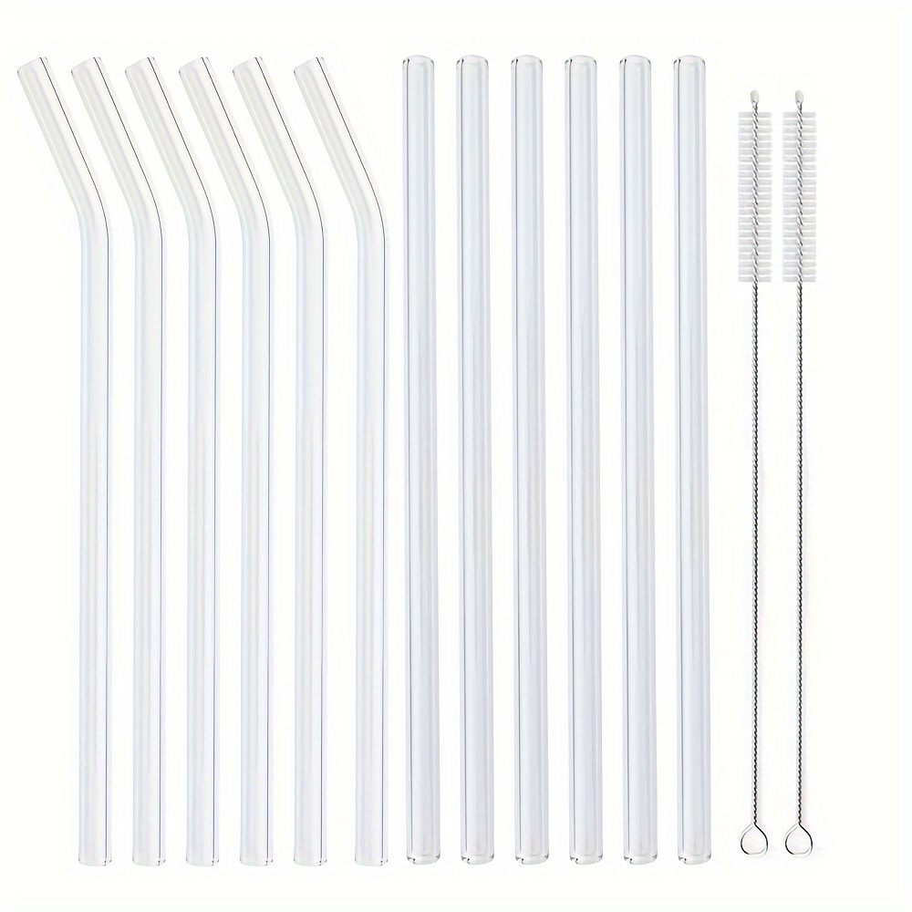 TEMU 200*8 Reusable Glass Straws, 12 Glass Straws With 2 Cleaning Brushes For Beverages, Milk Tea, Suitable For Home Parties And