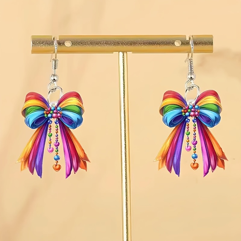 

Y2k Cute Acrylic Rainbow Bowknot Drop Earrings, Elegant No-metal Charm Dangle For Women, Colorful Princess Style For Daily Wear, Party, Vacation - Ideal Gift For Thanksgiving And Various Celebrations