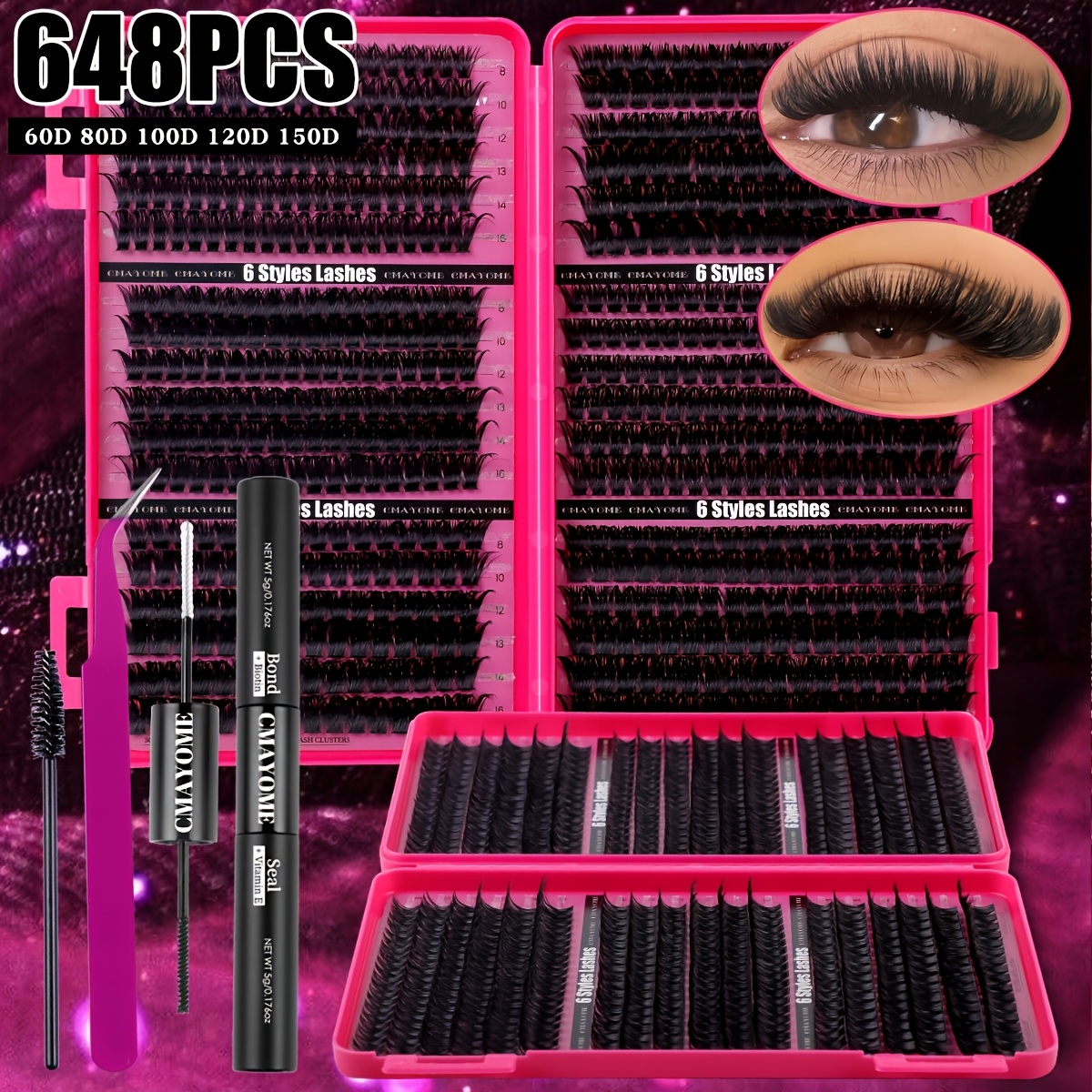 648/684/720pcs 6 Styles Lash Clusters Kit, 10d-150d Mixed Density, Fluffy Curly Lashes, With , Seal, Tweezers & Brush, Reusable, Ideal For Daily/party/wedding/christmas Makeup, Gift, Beginner-friendly