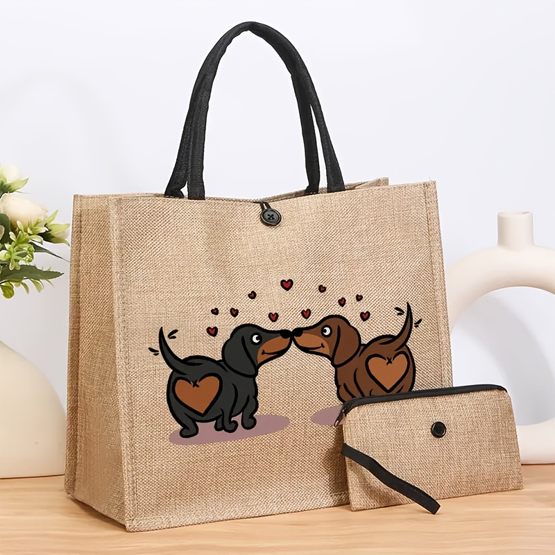 Image of A Set Of 2 Tote Bags With A Coin Purse, Featuring A Fun Dachshund Design. For Dog Lovers, Ideal For Birthdays. The Printed Dachshund Bags Are Spacious, Stylish, And Durable