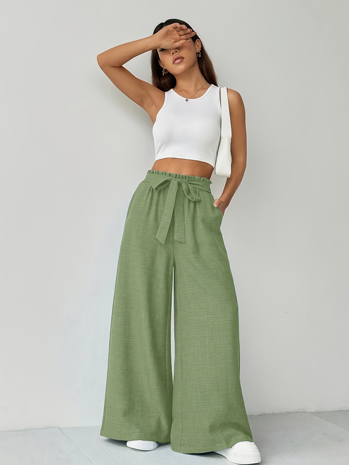 Business Casual Olive Green Bottoms High Waist Wide Split Leg Dress Pants:  Olive