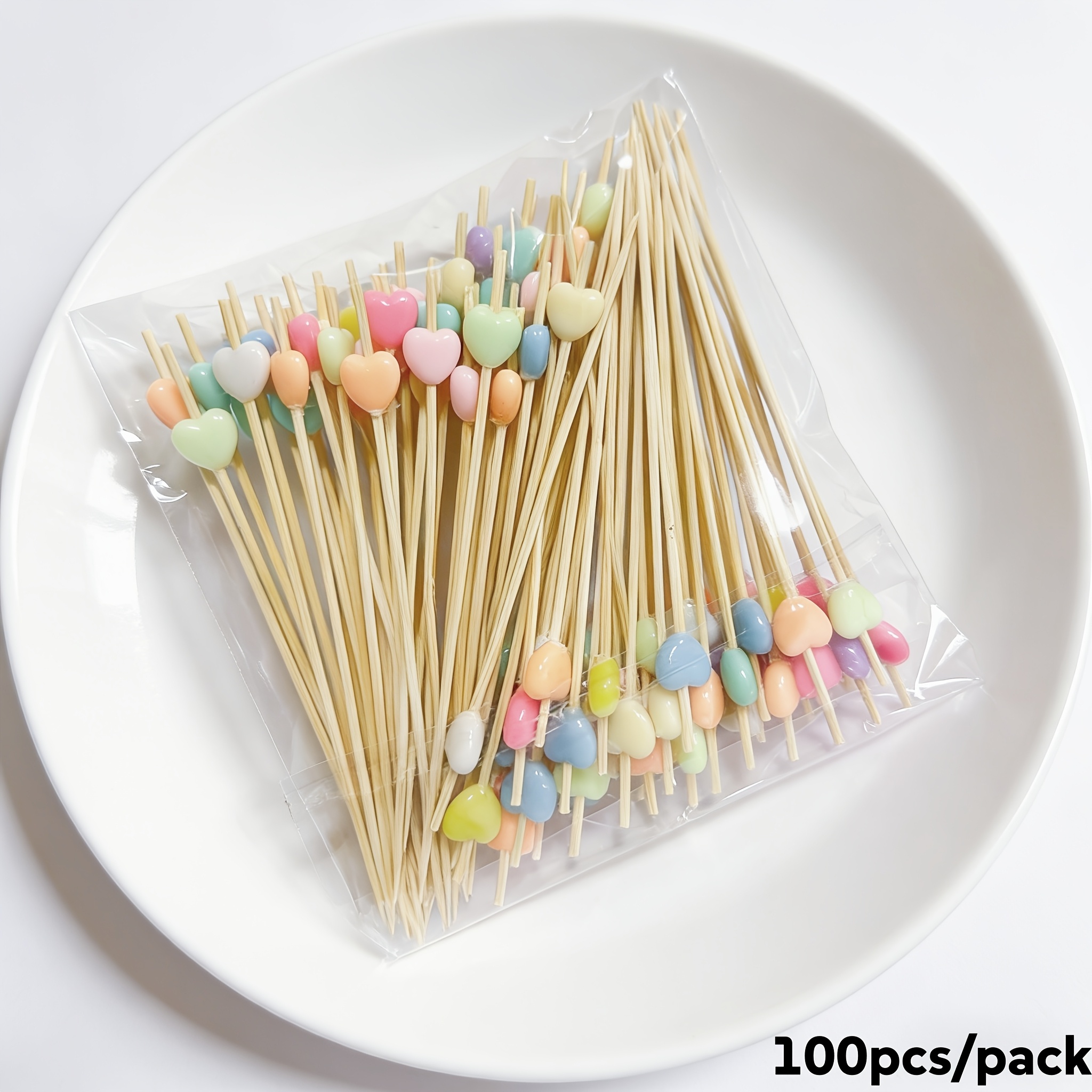 Image of 100pcs/pack 12cm/4.72in Cute Heart, Cake, Dessert, Salad Sandwich Food Baking Disposable Decorative Fruit Skewers Suitable For Hotels, Restaurants, Parties