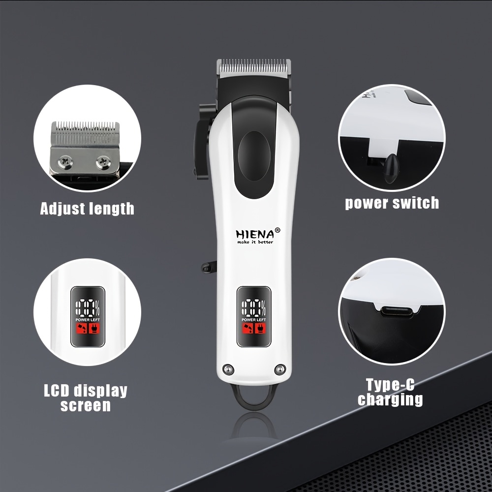 HIENA Electric Hair Clipper White Trimmer Set USB Rechargeable Cordless Hair Cutter with Storage Bag and Comb Professional LCD Display Barber Clippers for Men's Grooming Gift