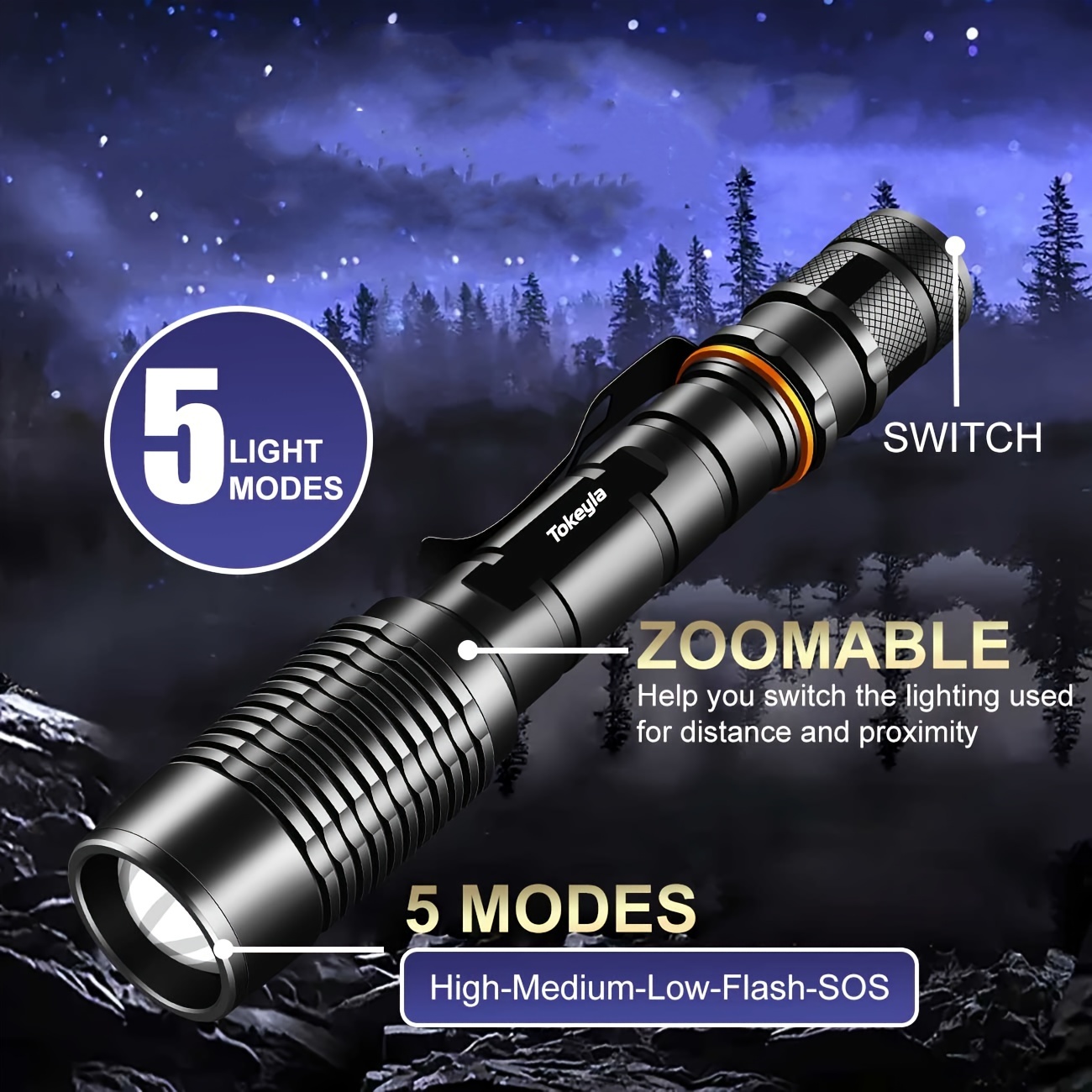 

1 Pcs Rechargeable Led Flashlight Powerful Zoomable Torch For Hunting, Camping, Hiking, Fishing, Emergency (with A Battery Charger And 4xbatteries)