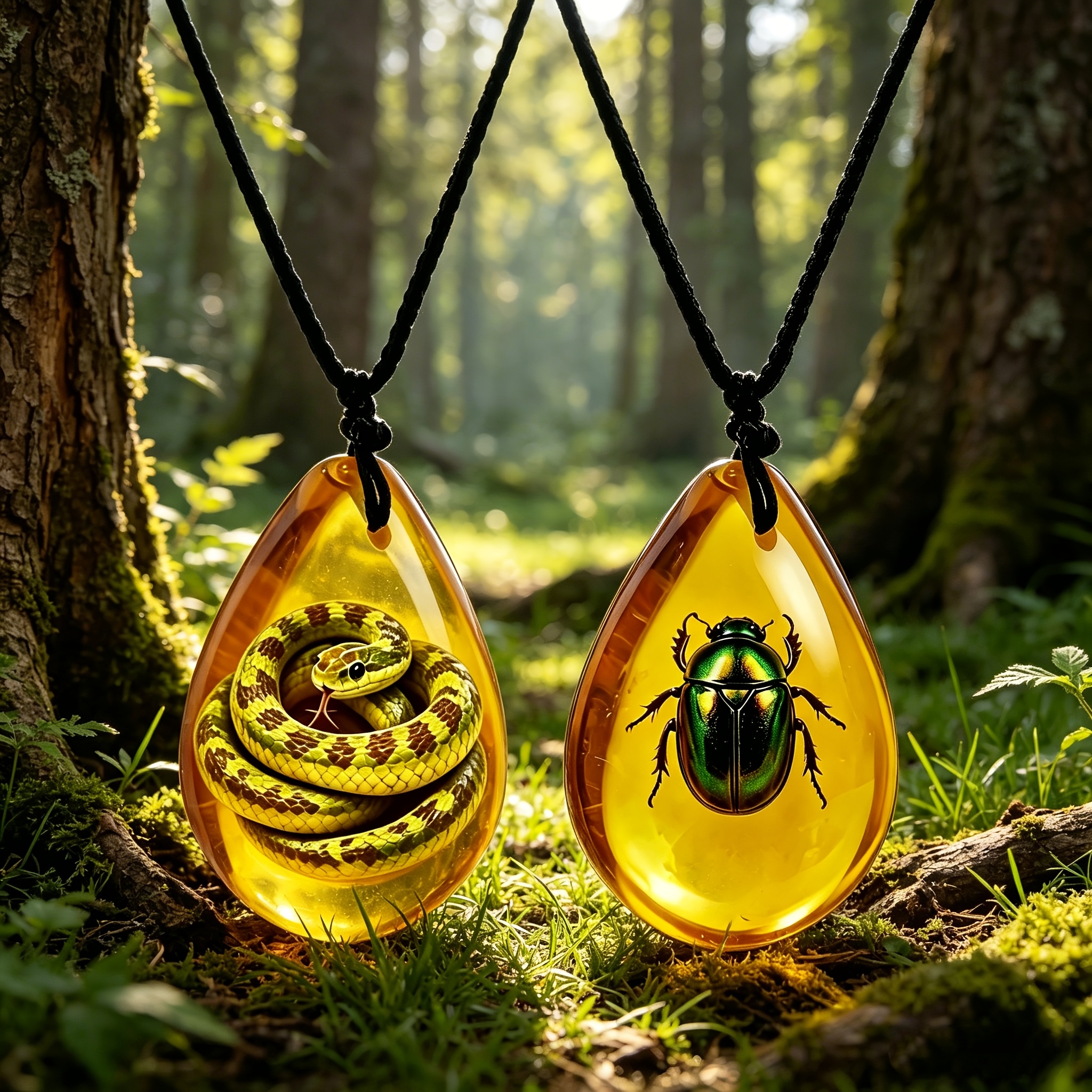 2pcs Unisex Imitation Amber Snake & Beetle Pattern Necklace Set