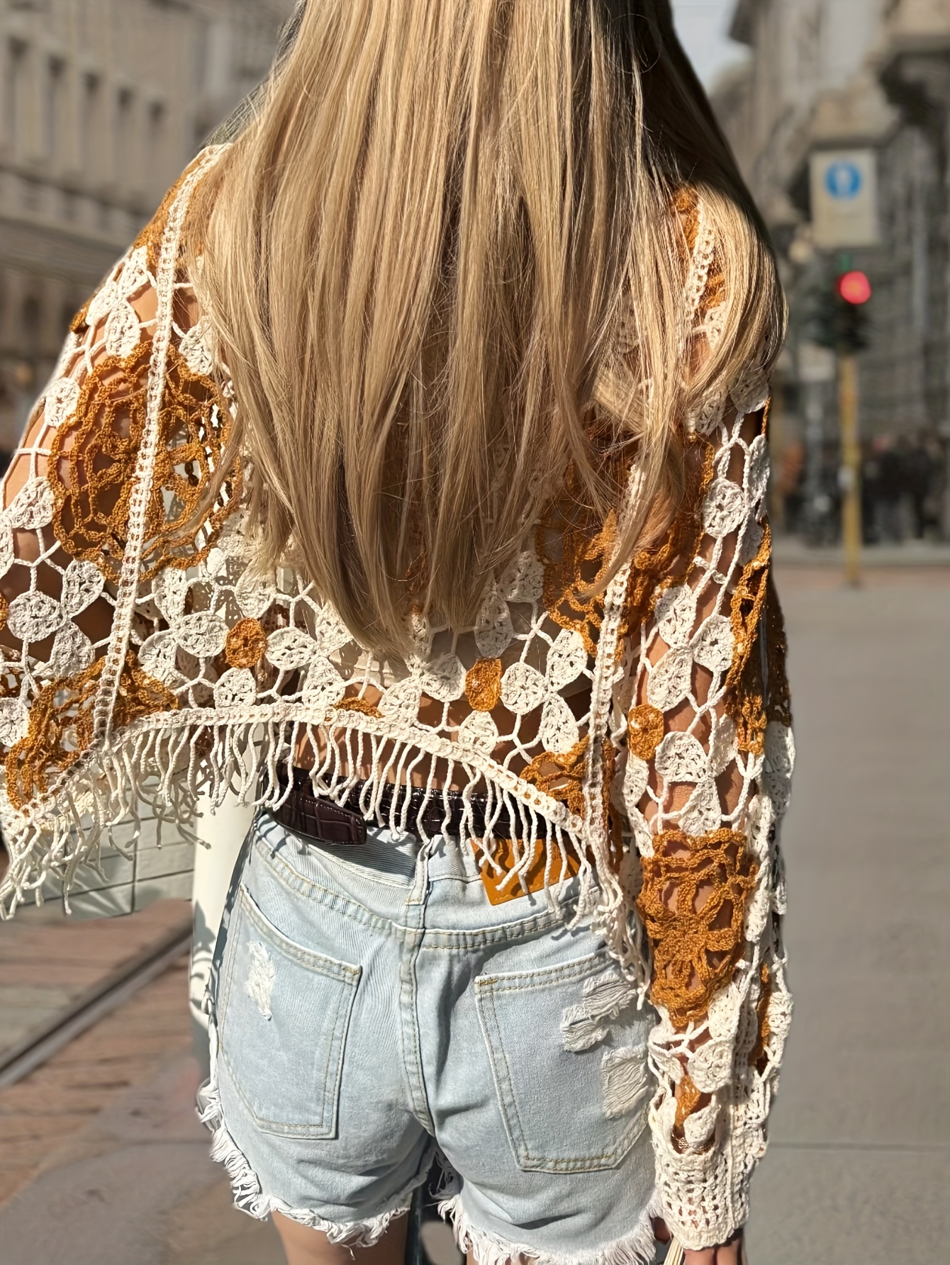 womens bohemian crochet cover floral jacquard lace hollow - Temu