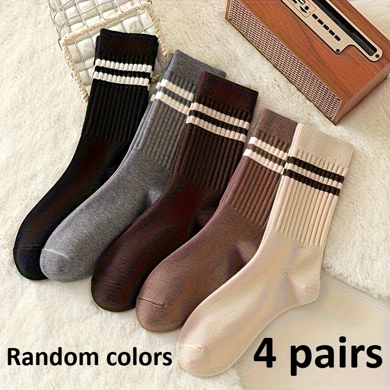 Image of [korean Style, Two-bar Socks] 4 Pairs Random Colors Of Korean Style Fashionable Two-bar Mid-calf Socks | Brown, All-match Women's Socks For Autumn And Winter
