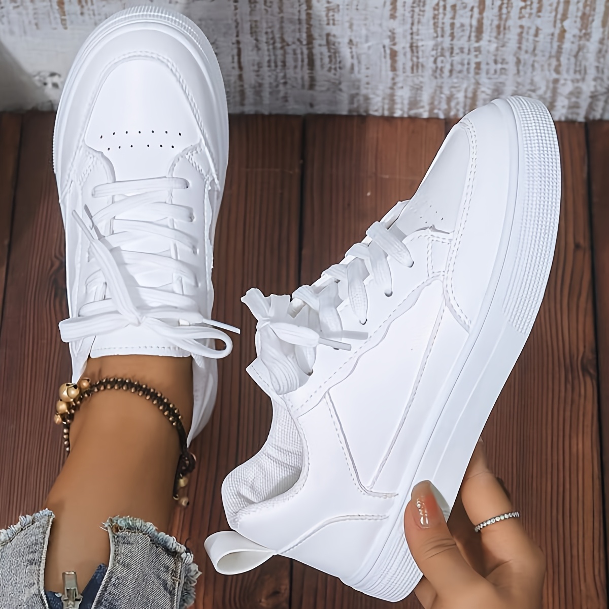 Tenis Blancos Semi Formales Zapatillas Blancas Mujer Cordones - Main Image