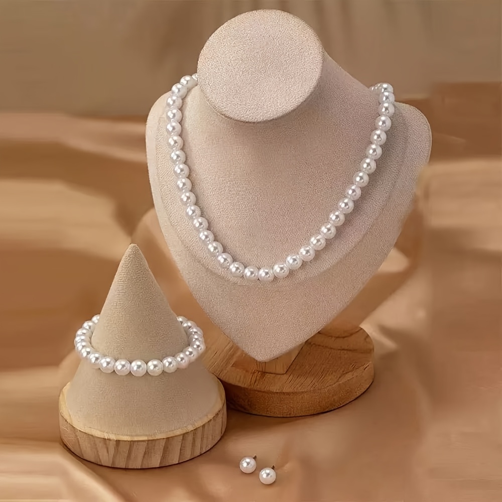TEMU Conjunto de joyería de de 3 piezas con collar, pulsera y aretes de perlas sintéticas, ideal para vestidos de noche, citas, reuniones y fiestas