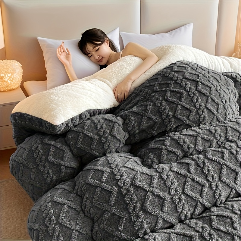 Image of Solid Color Warm And Soft Thick Blanket, Jacquard Geometric Stripe Pattern, Options , Machine Washable, Suitable For , Ideal For Bedroom, , Hotel, And Other Bedding Uses
