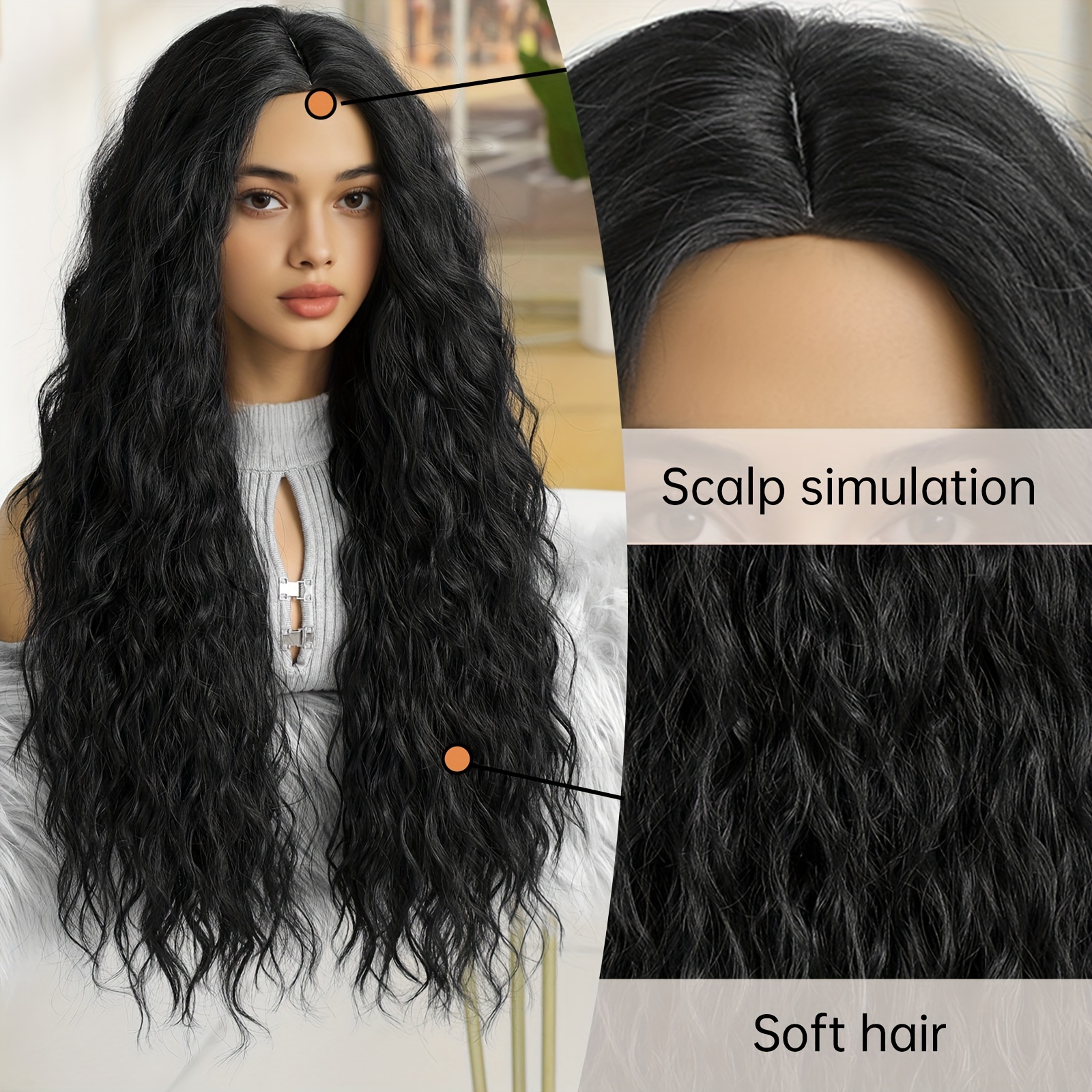 elegant black curly wig women middle part long wavy - Temu  display picture 1