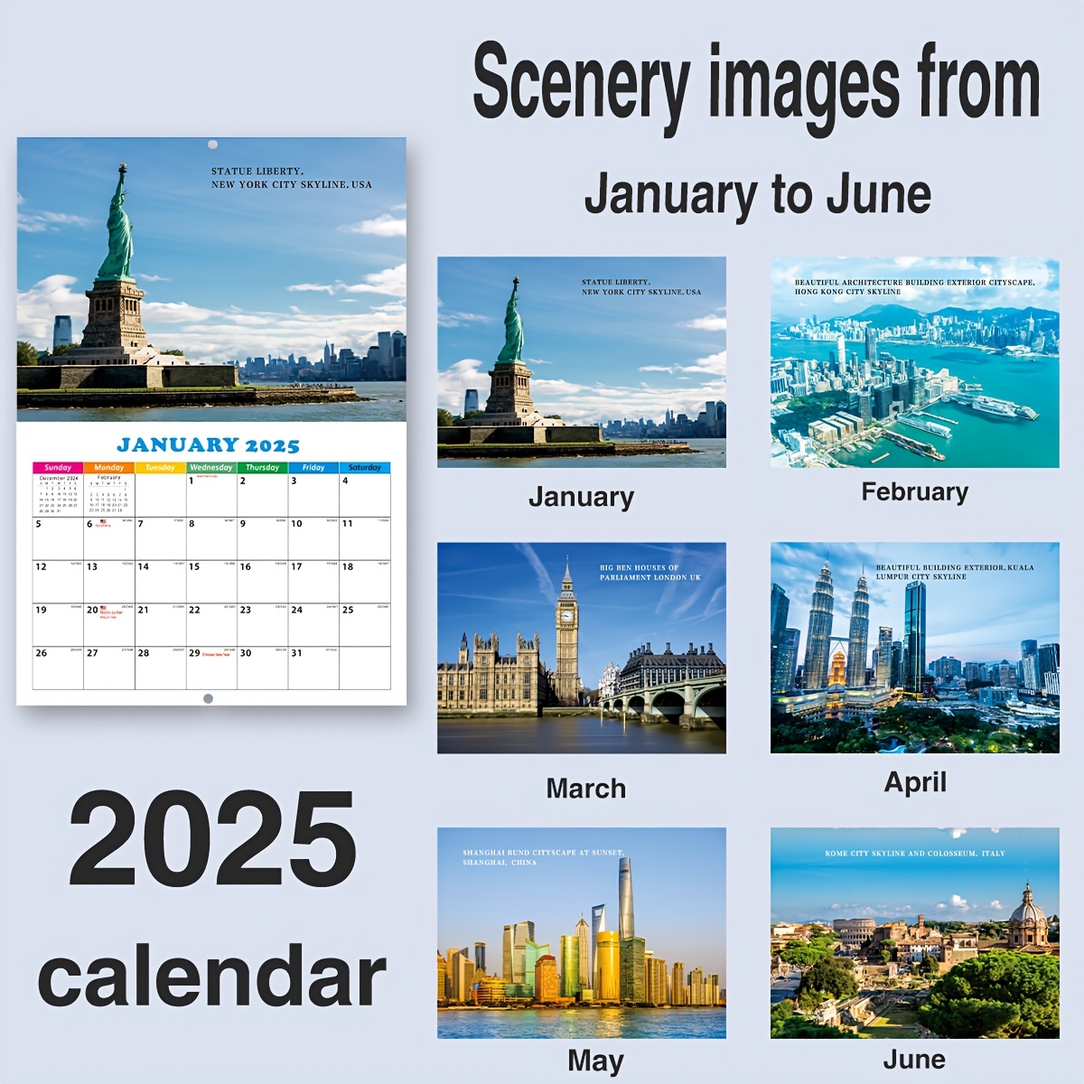 

2025 English Wall Calendar, World Scenery Theme Calendar For Note- Planning, Self- Planning