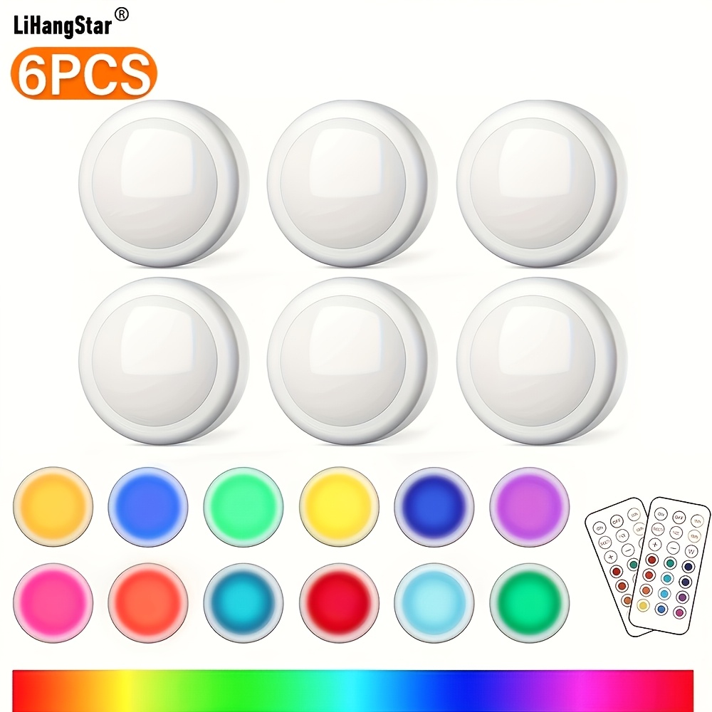 Image of 6-pack Spotlights With Remote Control, Battery-powered Led Wall Lights, 13-color Rgb Night Lights, Ideal For Closets, Bedroom Walls, Under Cabinets, And Other Areas. With Adhesive Backing
