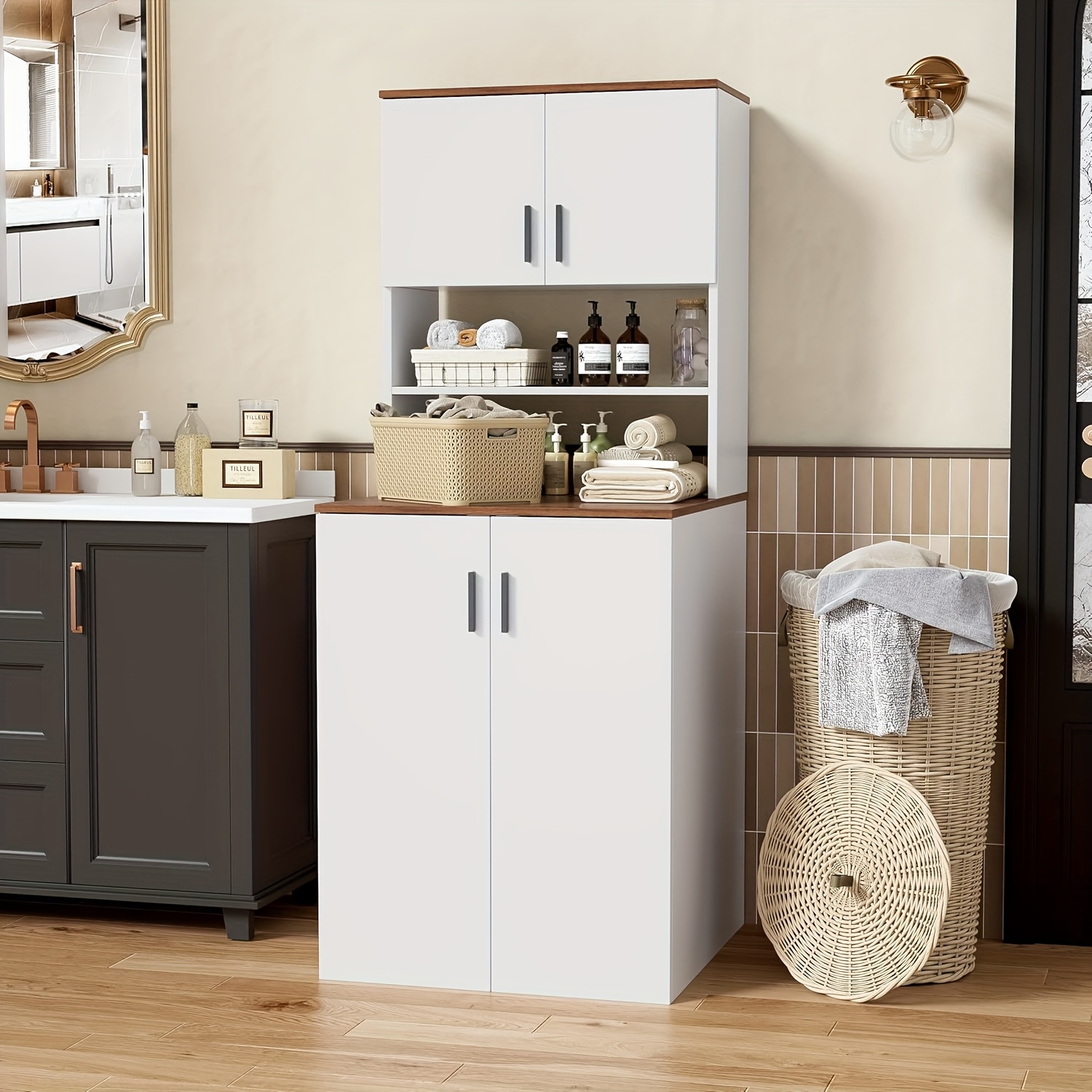 TEMU Concealed Washing Machine Cabinet Featuring , Bathroom Furniture Offering Storage, And A Sturdy Countertop