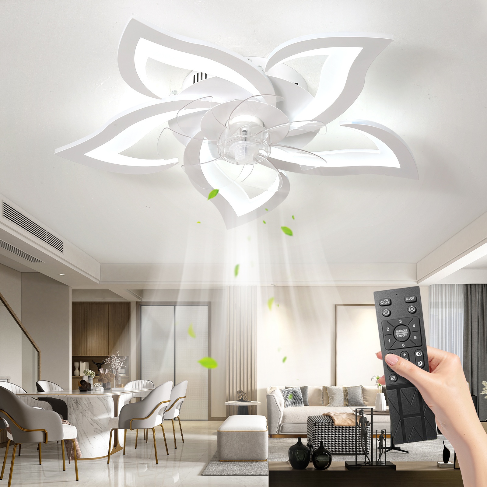 Image of Led Silent Ceiling Fan With Lighting, Bedroom Ceiling Light With Remote Control And App, Dimmable Lamp With Fan 5 Lights Flower Shape Acrylic Lampshade Living Room Kitchen, 69cm