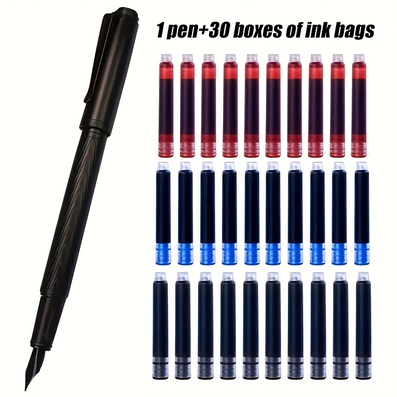 

1pc Fountain Pen Set - Metal Barrel, Retractable Point,refillable, Includes 10 Black, 10 Blue, 10 Cartridges, Titaniumnib, Smooth Office Supplies