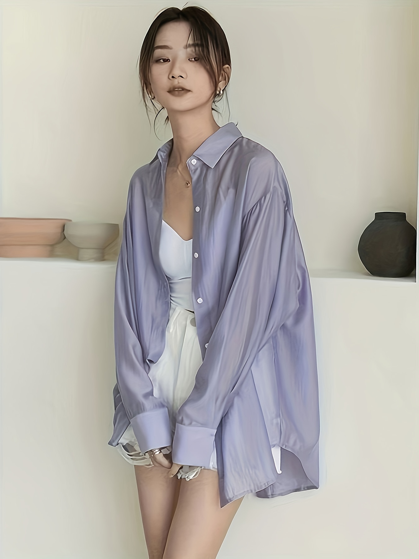 chemise légère en fibre soie femme haut décontracté à Temu