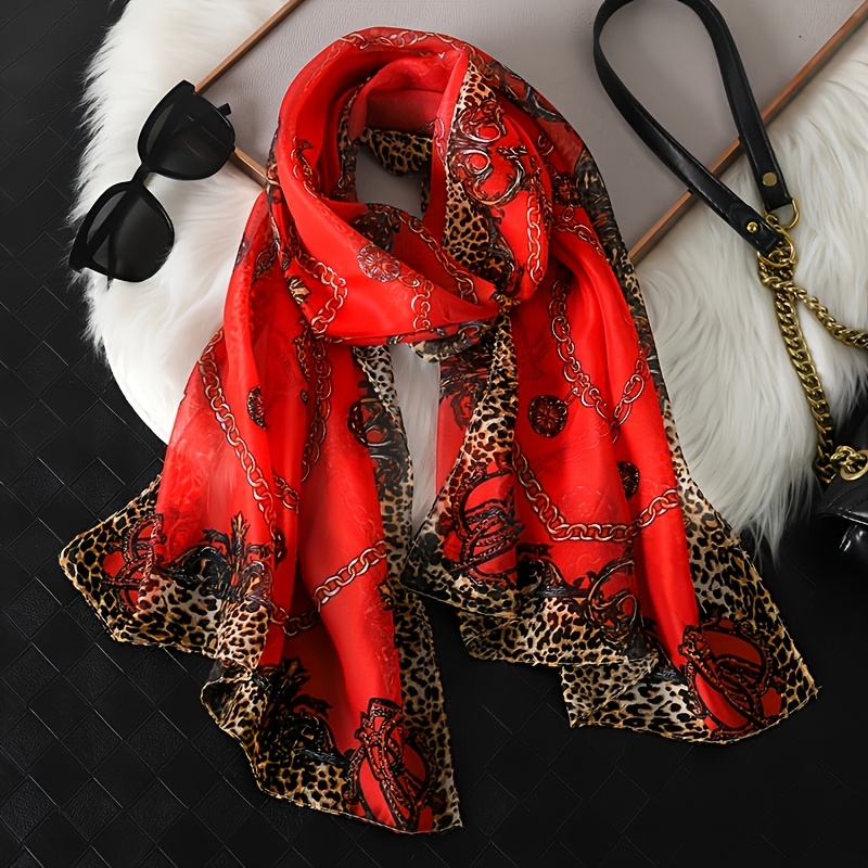 TEMU This Scarf Features A Colorblock Design On Leopard Print, Chain, And Vintage Patterns. High-precision Digital Printing Ensures The Patterns Are
