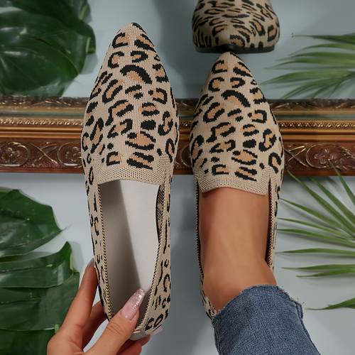 lightweight and breathable womens knitted solid color casual shoes womens leopard print pointed toe ballet flats fashionable outdoor flat shoes women shoes