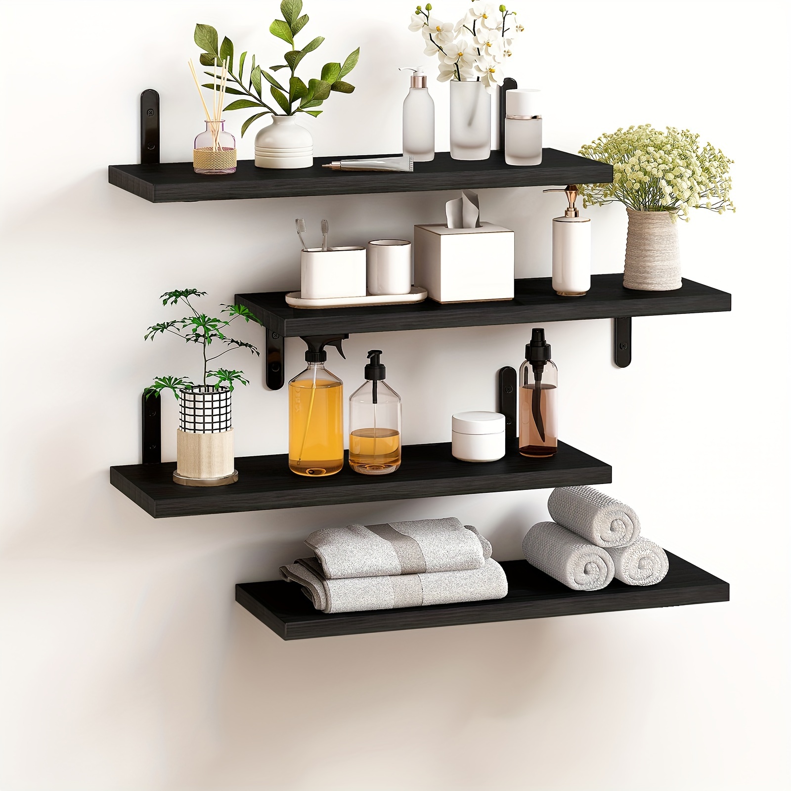 

Floating Shelves, 4+1 Tier Black Floating Shelves Rustic Wall Mounted Shelf, Bathroom Shelves Over Toilet With Wire Storage Basket, Farmhouse Wall Decor For Trophies, Collectibles, Books, And Photos