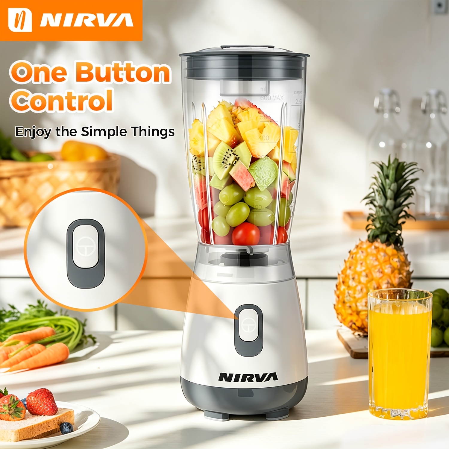 Image of Nirva Electric Countertop Blender, 600ml Capacity One-button Control Smoothie Maker, Juicer With Removable Measuring Cup, For Shakes Juices Healthy Drinks Home Use