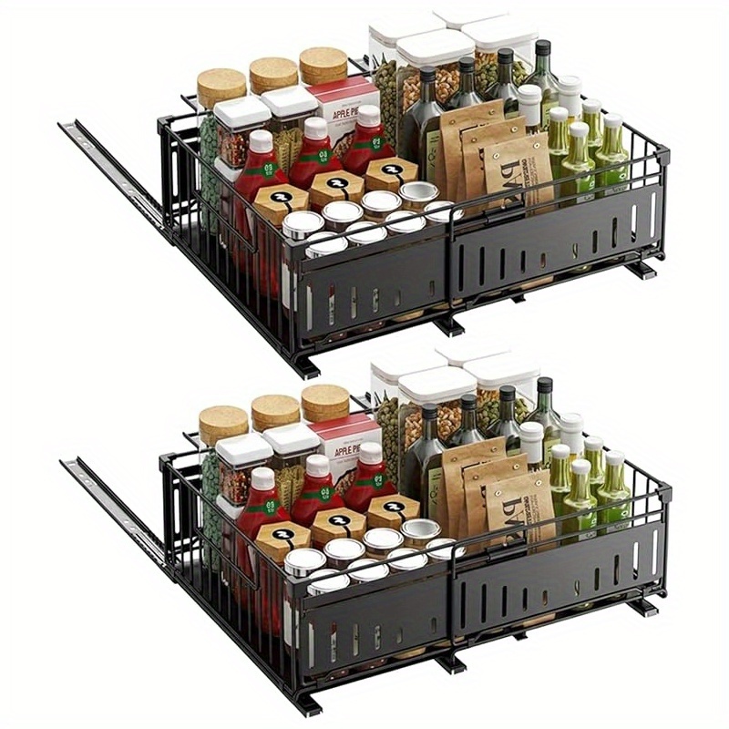 TEMU 1/2 Pack Heavy-duty Metal Expandable Pull-out Cabinet Organizer With Silent Sliding Drawers - No Drill Adhesive/screw-mount Installation, Space-
