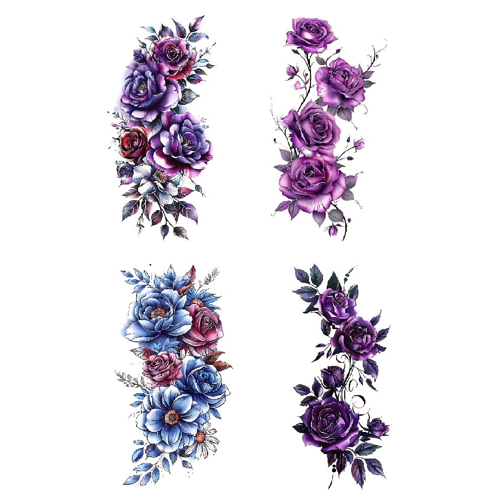 TEMU 4pcs Waterproof Temporary Tattoo Sticker Purple Romantic Roses Lily Peony Flowers Leaves Totem Body Art Arm Fake Tattoos Sleeve For Women Men