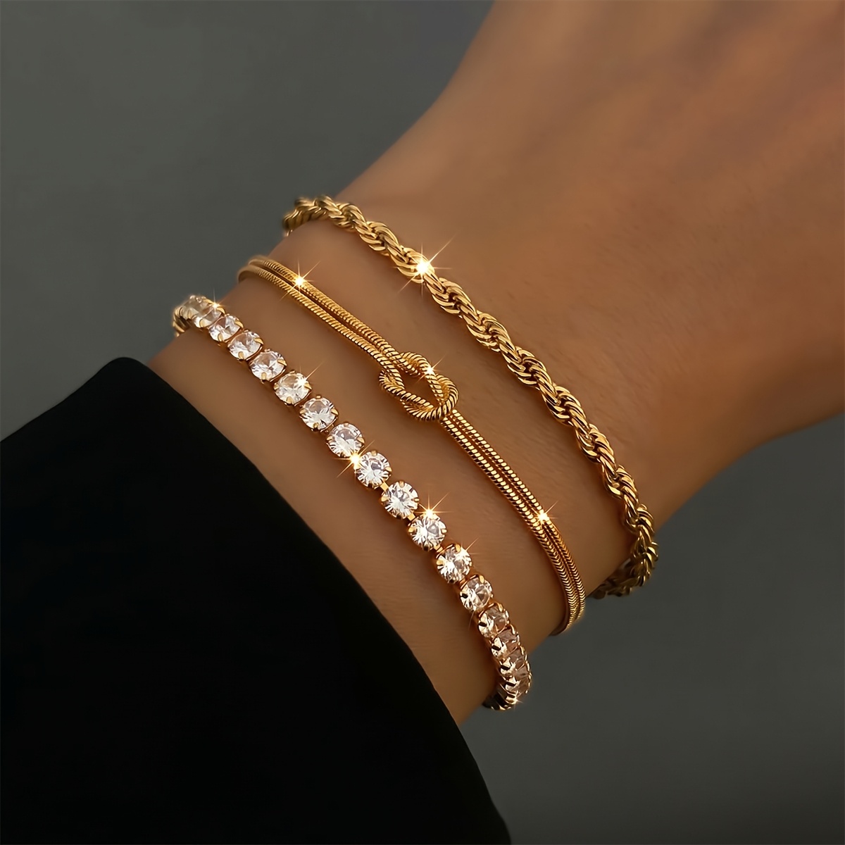 TEMU 3pcs Women's 24k Golden Plated Stackable Bracelet Set With Sparkling Tennis Synthetic Zirconia, Waterproof And Fade-resistant Jewelry, Perfect