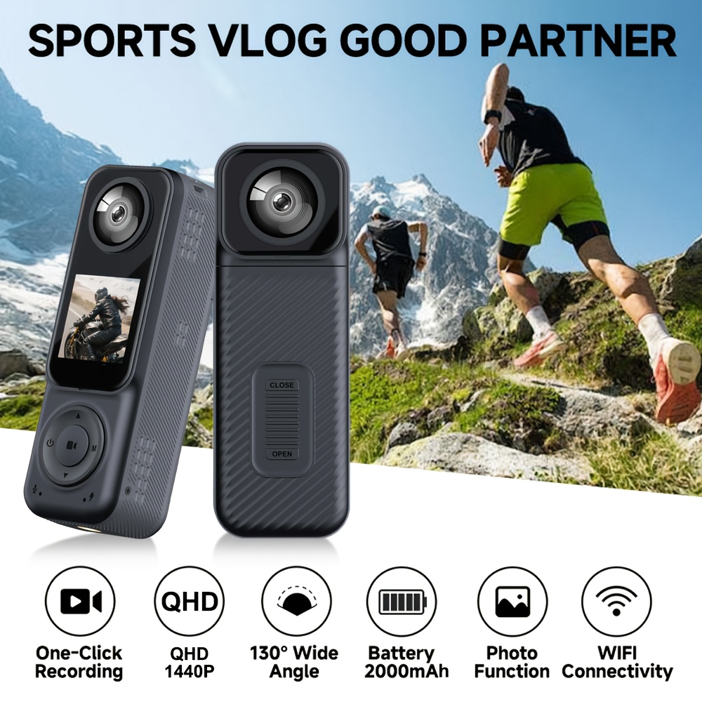 Dual 1440P Front/Rear Action Camera with Color Screen & - - Vlogging Camera Suitable for Sports/Travel, Dual Recording,, Holiday Gift ()