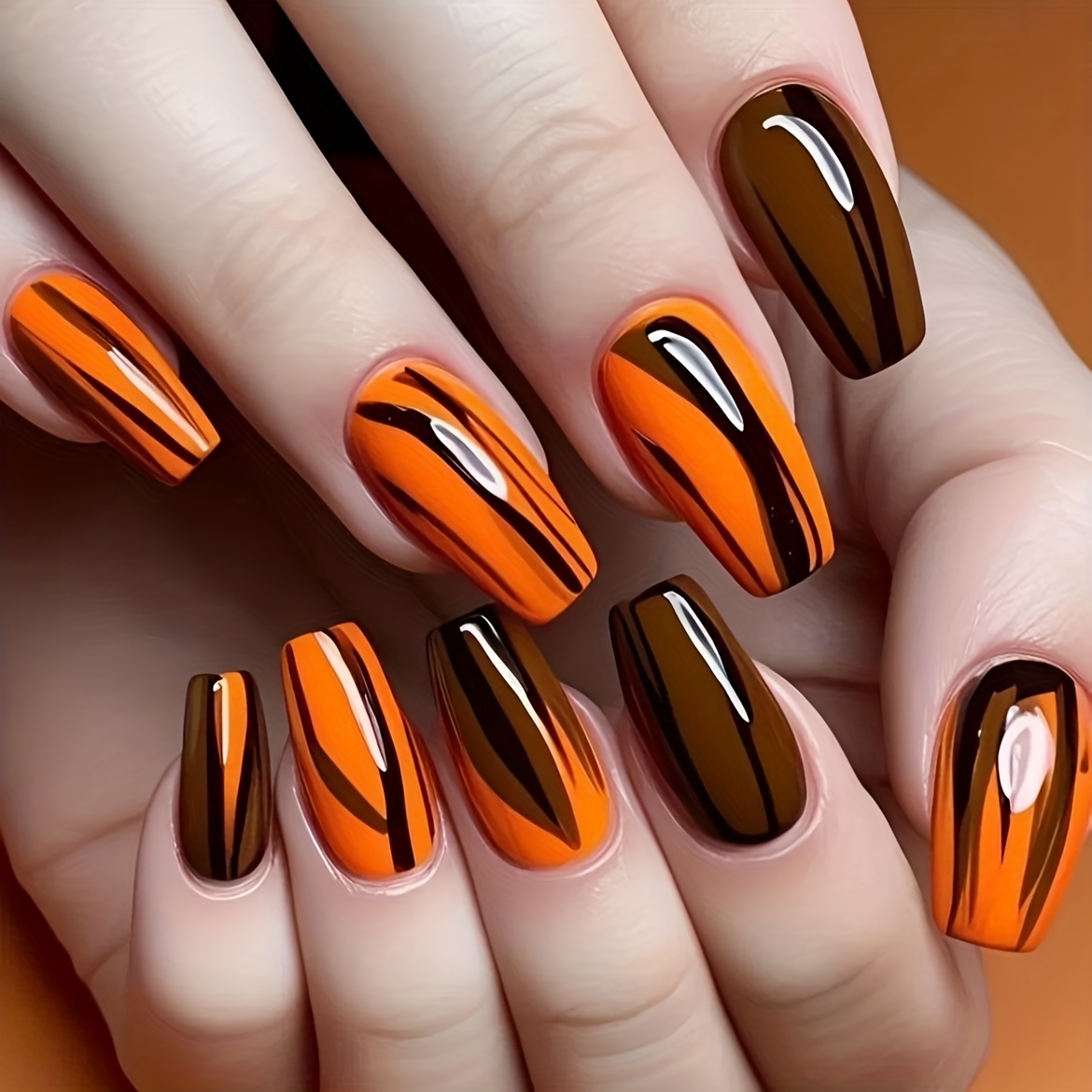 TEMU Women'-on Fake Nails In Brown, Coffee, And Orange- Shape With Smudged Effect, Black And Coffee Striped Lines, Glossy Finish, Detachable Press-on