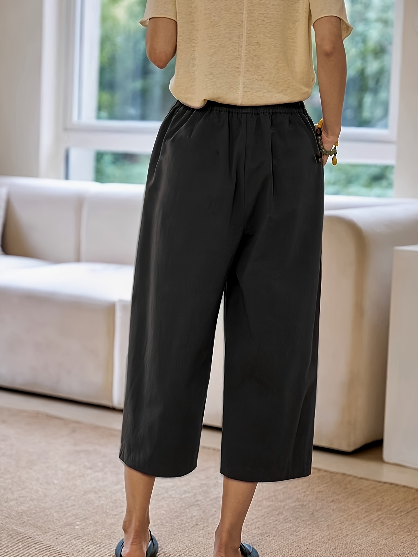 womens casual rayon wide leg cropped trousers elastic waist Temu