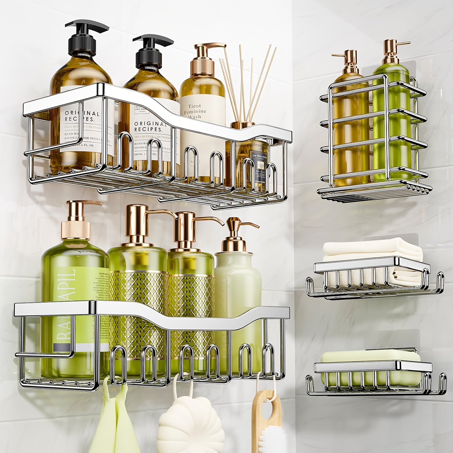 

Shower Caddy 5pcs, Adhesive Shower Organizer For Bathroom Storage&home Decor&kitchen, No Drilling, Large Capacity, Rustproof Stainless Steel Bathroom Organizer, Shower Shelves For Inside Shower-larger