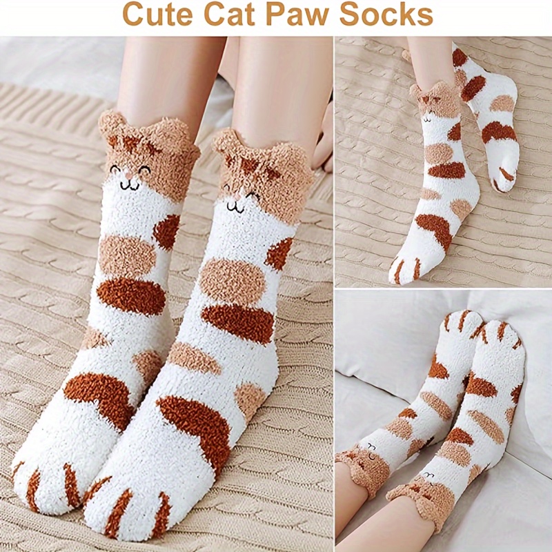awesome 5 Pairs Women'S Slippers Socks | Coral Fleece Knee-length Socks with Cartoon Cat Paw Design, Plush and Fluffy for Winter 4 awesome 5 Pairs Women'S Slippers Socks | Coral Fleece Knee-length Socks with Cartoon Cat Paw Design, Plush and Fluffy for Winter - Image 4