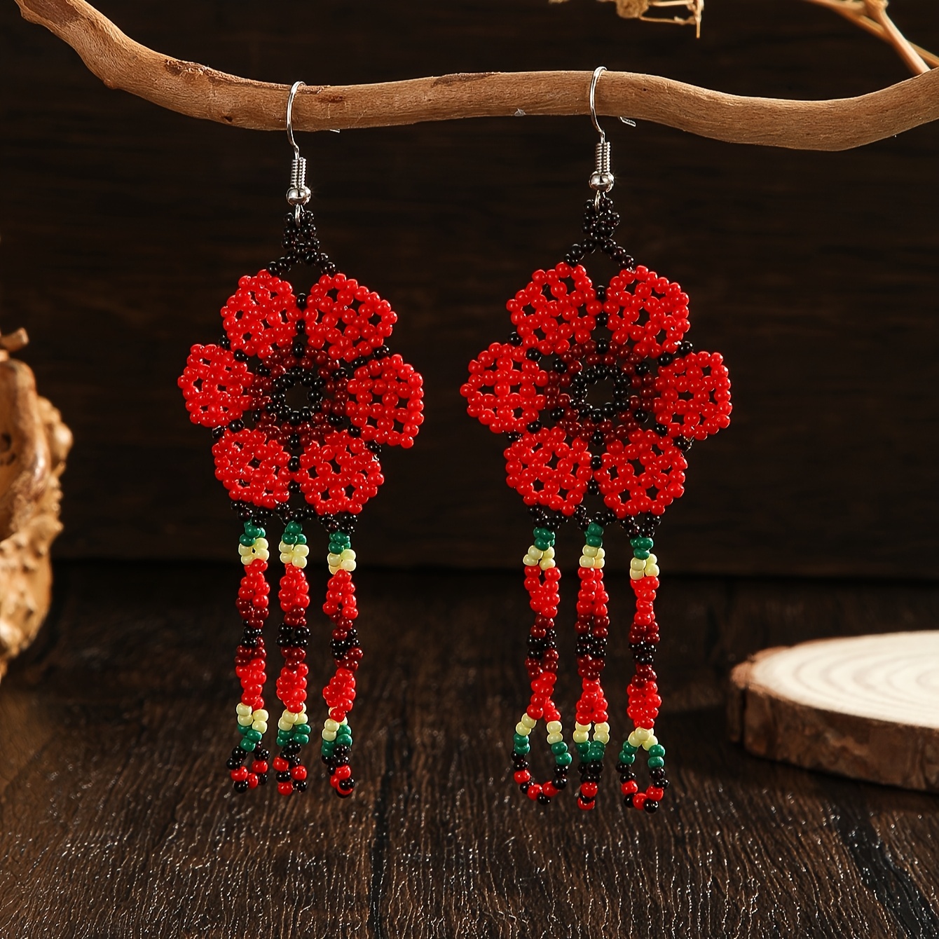 TEMU Handmade Beaded Earrings Bohemian Style Tassel Earrings Vintage Floral Series Black And Red Color Tassel Dangle Earrings Women's Fashionable