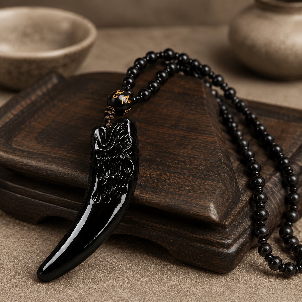 Men's Wolf Tooth Necklace with Carving Pendant & True Word Beads