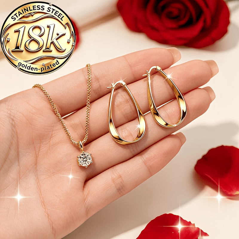 TEMU 2pcs Elegant Exquisite Earring And Sparkling Clavicle Chain Necklace Set, Inlaid With Synthetic Zirconia, Versatile Jewelry, Versatile High-end
