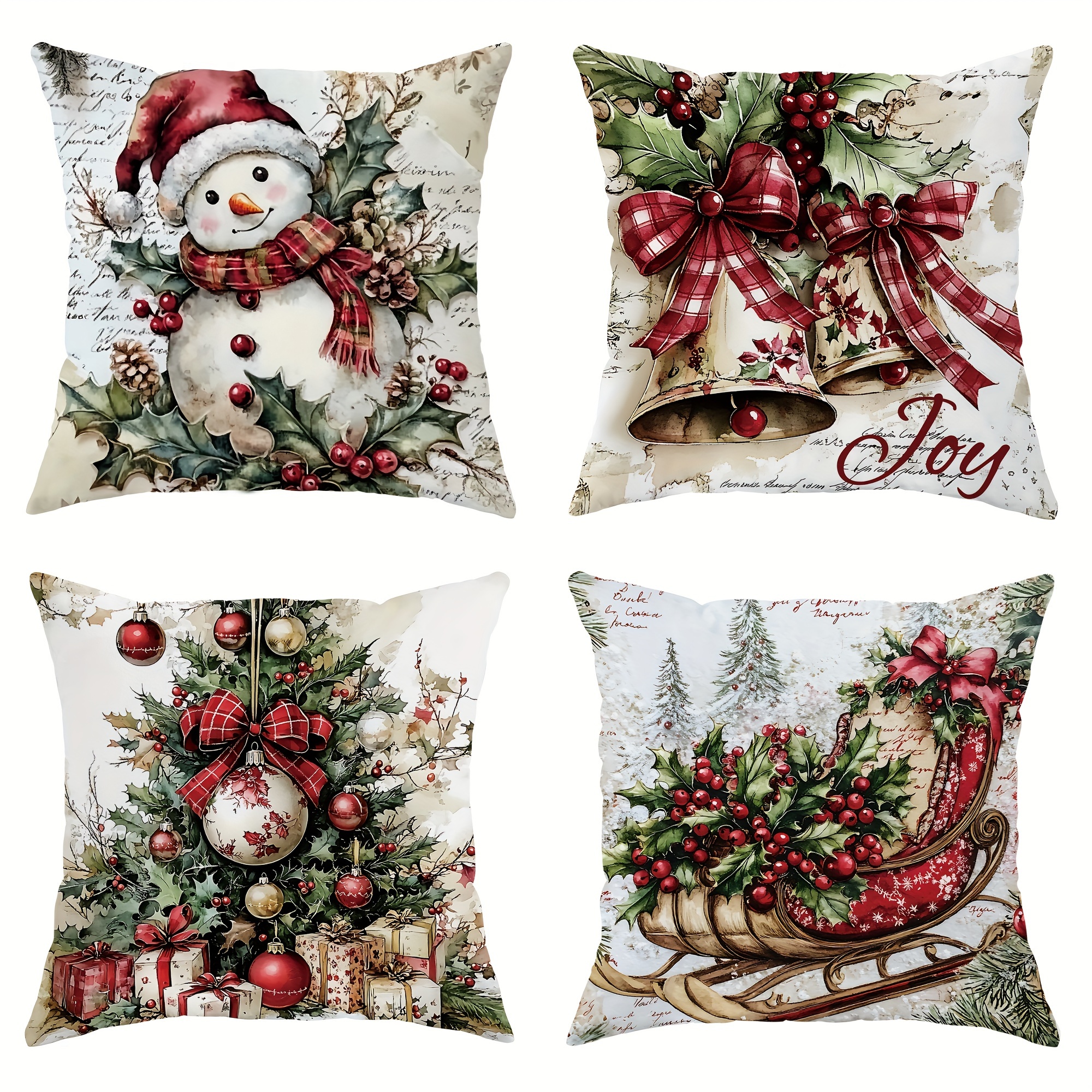 

4pcs Christmas Snowman Joy Red Pillowcases 1 Sided 18in*18in For Christmas Bedroom Sofa Bed Decor Inserts