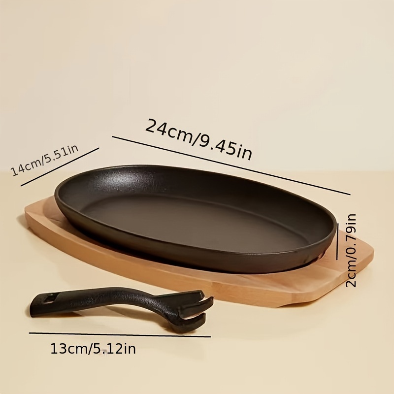 cast   set oval non stick frying pan with wooden base and iron fork for steak griddle cooking   thickened for home use details 6