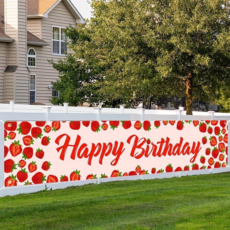 

1pc Strawberry Happy Birthday Banner - Polyester Party Decoration, Versatile Outdoor & Indoor Birthday Banner For All Ages, Electricity-free Festive Decor For Strawberry Themed Celebrations