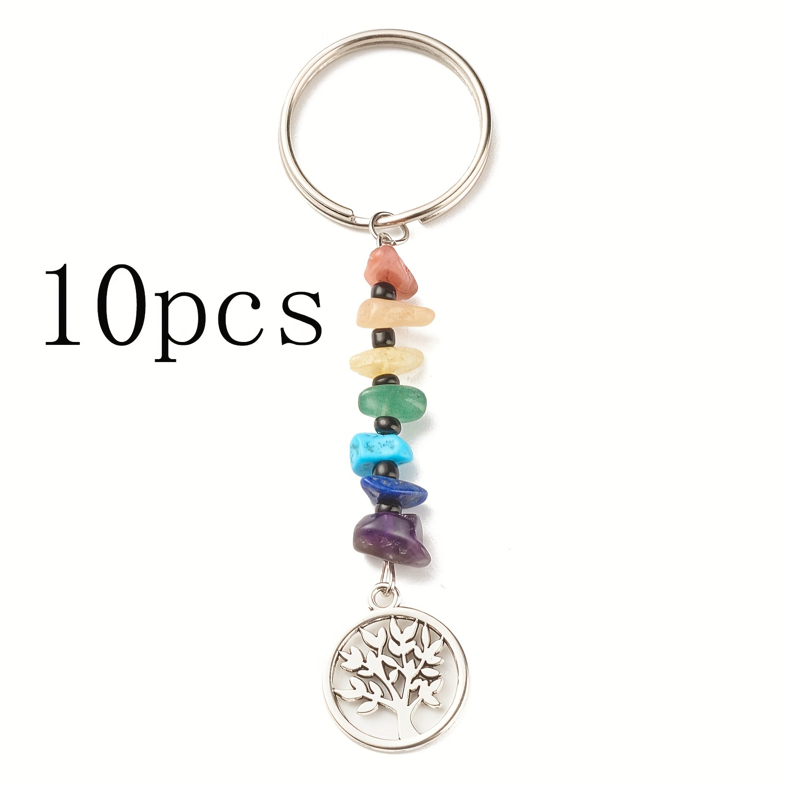 10pcs Natural & Synthetic Gemstone Beaded Keychains, With Alloy Pendants & Glass Beads, Iron & 304 Stainless Steel Findings, Tree, 3.27 Inch(8.3cm)