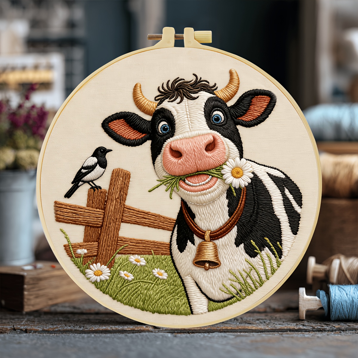 TEMU New Embroidery Kit, 20x20cm/7.9x7.9inch, Cute Cow Design, Handmade Embroidery Set, Suitable For Adult Beginners, Includes Canvas, Manual, Hoop,