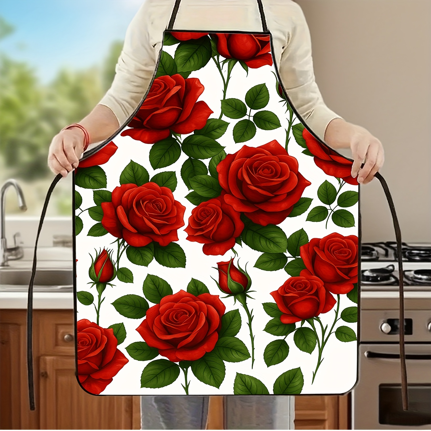 TEMU An Elegant Apron Featuring A White Background With Red Roses And Green Leaves - Adjustable Waist Strap, Durable Polyester Kitchen Apron, Perfect