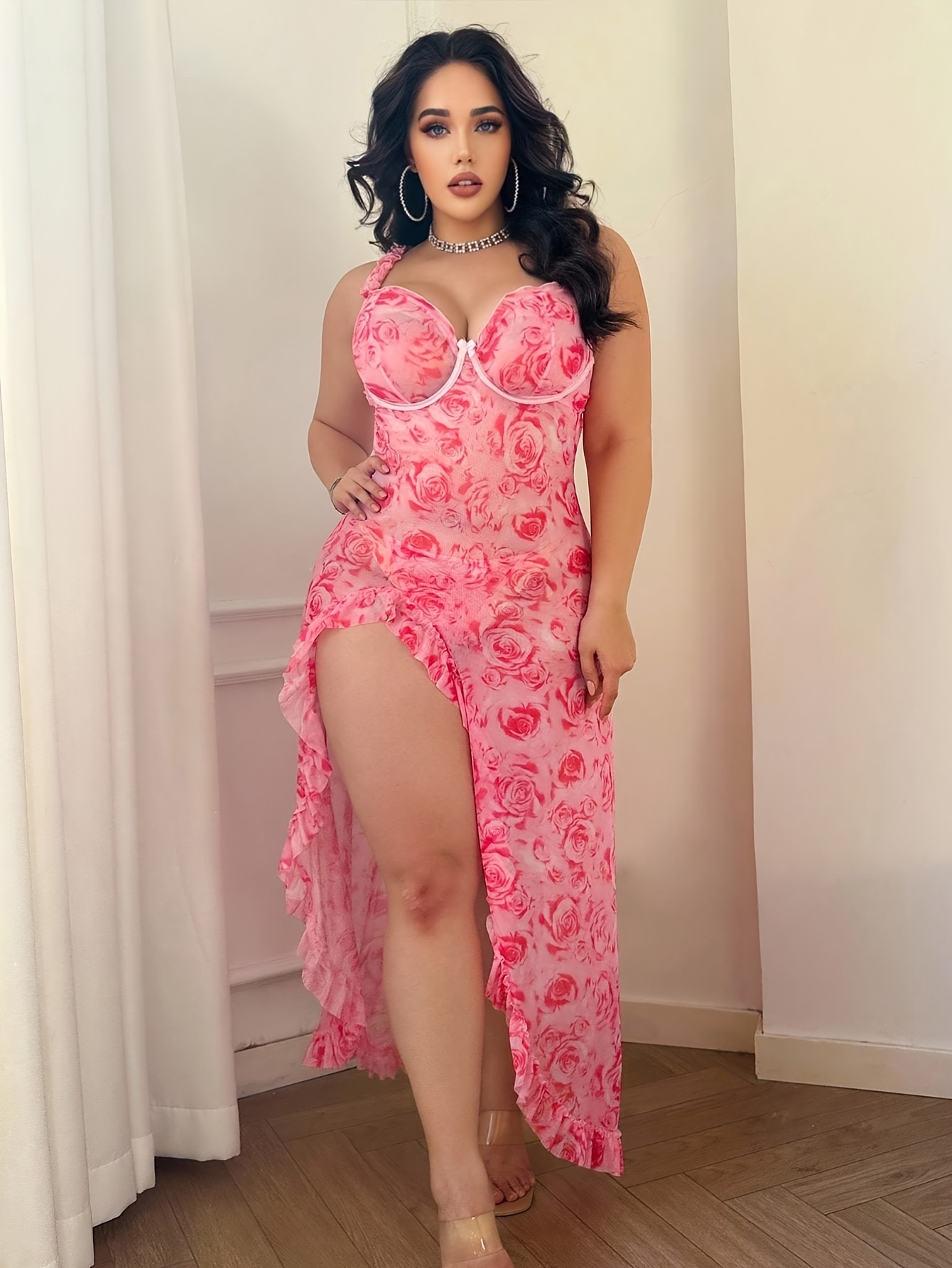 Women's Plus Size Lingerie Set with Rose Print, Sheer Nightgown, Sexy Long Sleep Dress
