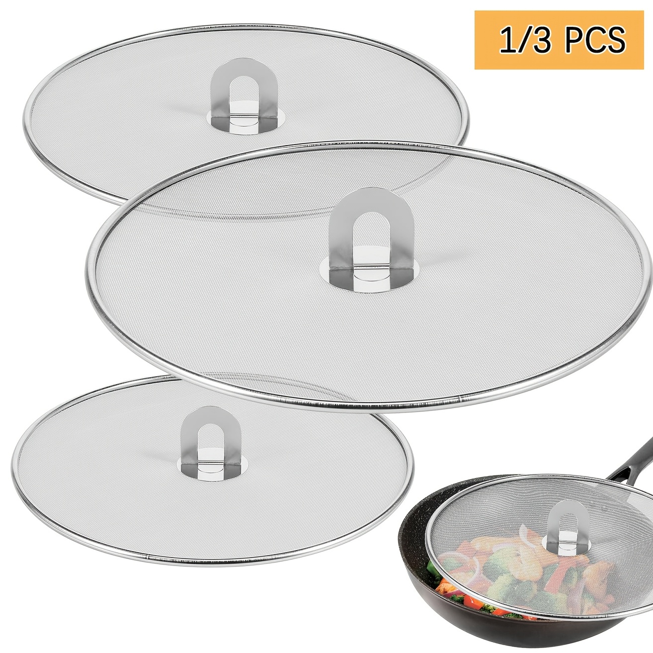 

1/3pcs Splash Guard, Stainless Steel Frying Pan Splatter Screen, Splash Guard, Grease Cover With Foldable Handle, Mesh Grease Cover, For Kitchen Cooking, Restaurant